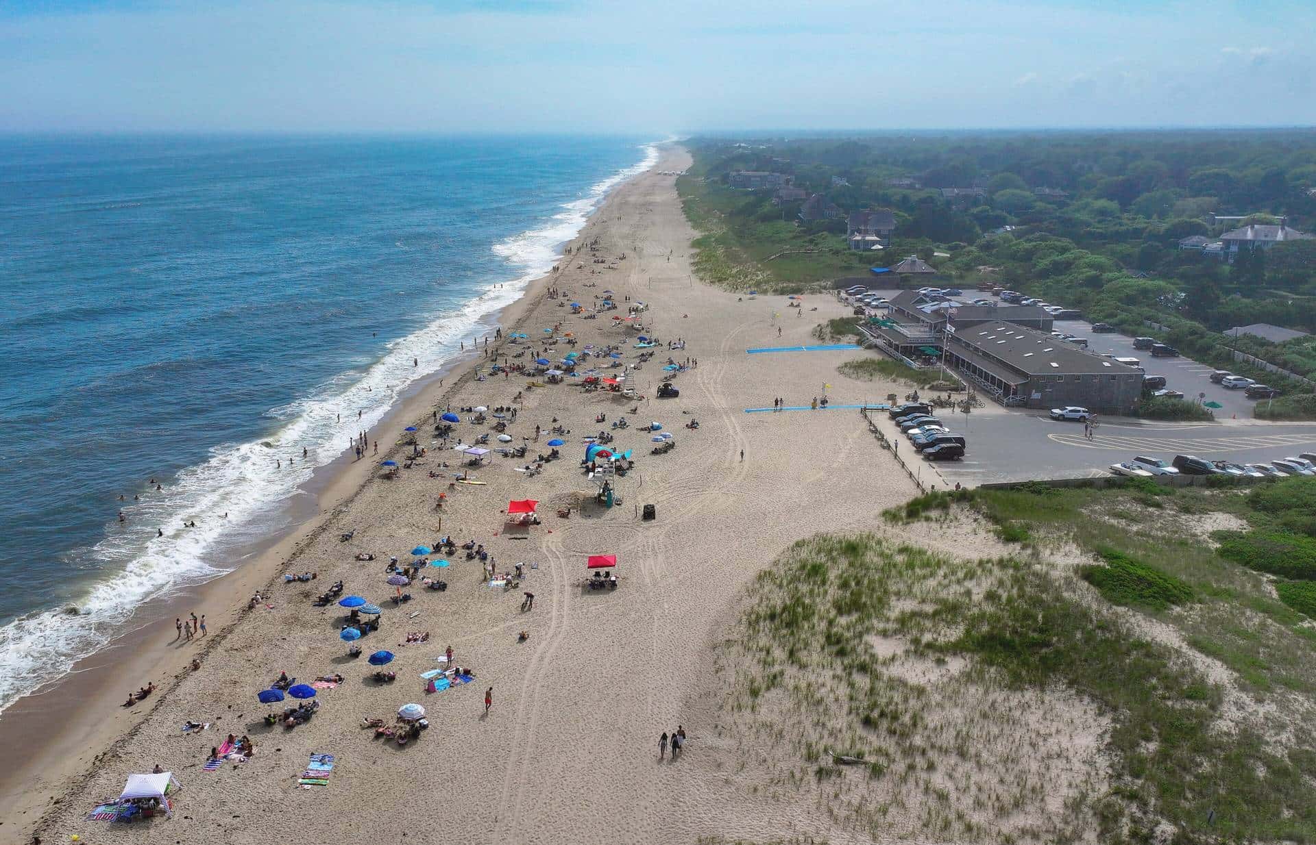 Aerial view of Main Beach in East Hampton with dunes along the Atlantic shore