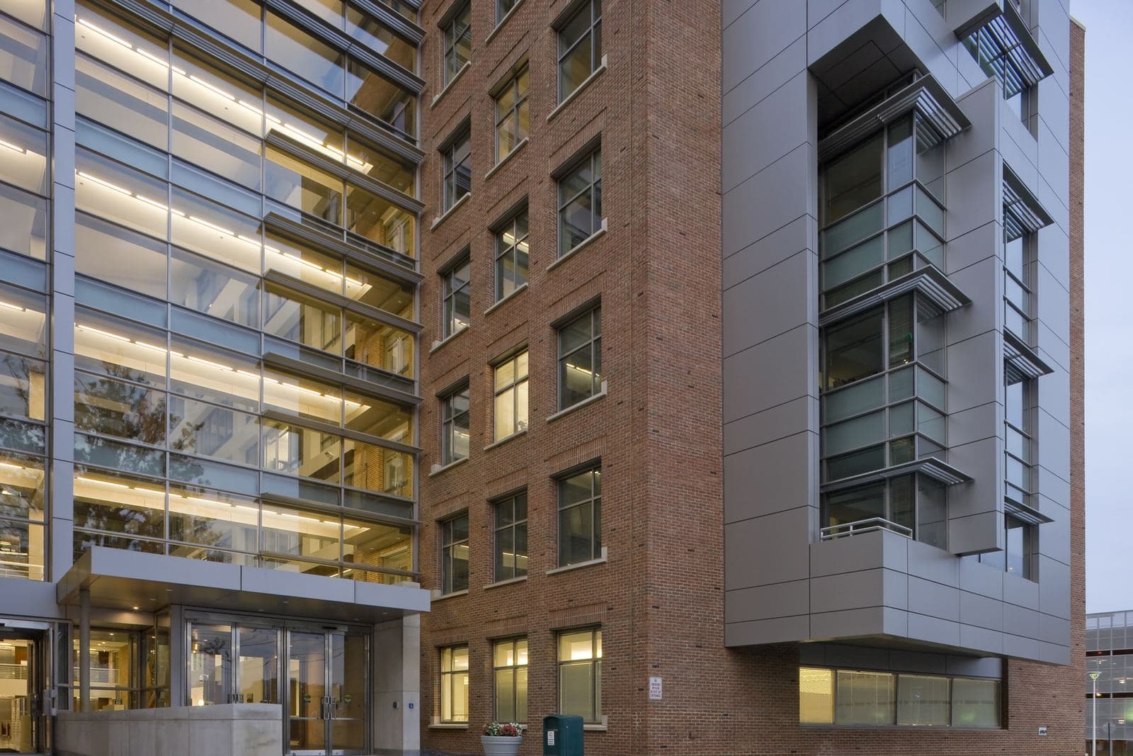 Modern glass and brick office building entrance at the FDA White Oak campus in Silver Spring, Maryland