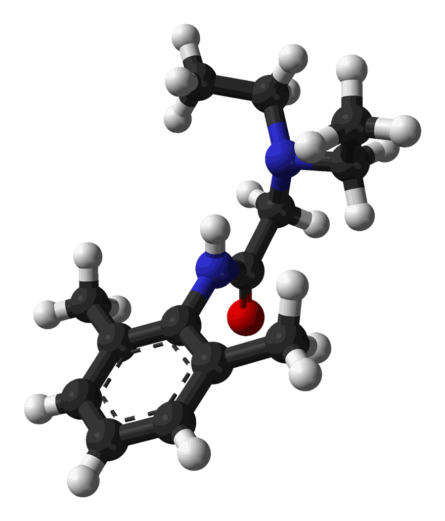 Ball-and-stick model of the lidocaine molecule