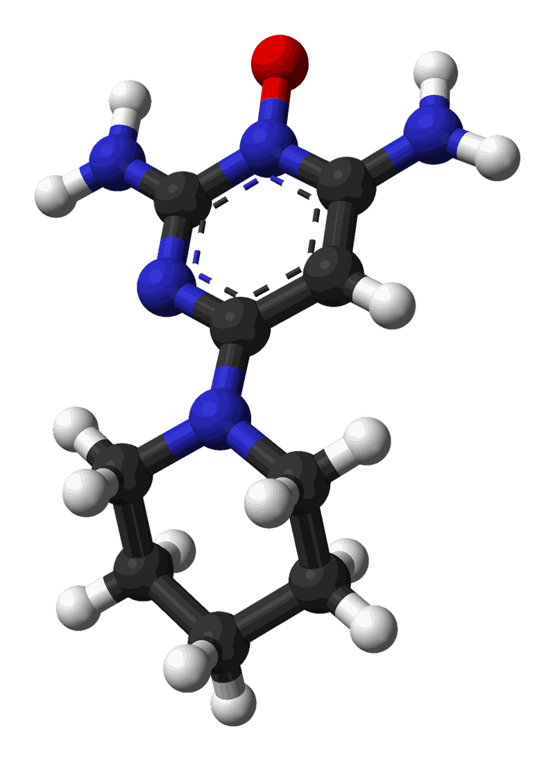 Ball-and-stick model of the minoxidil molecule