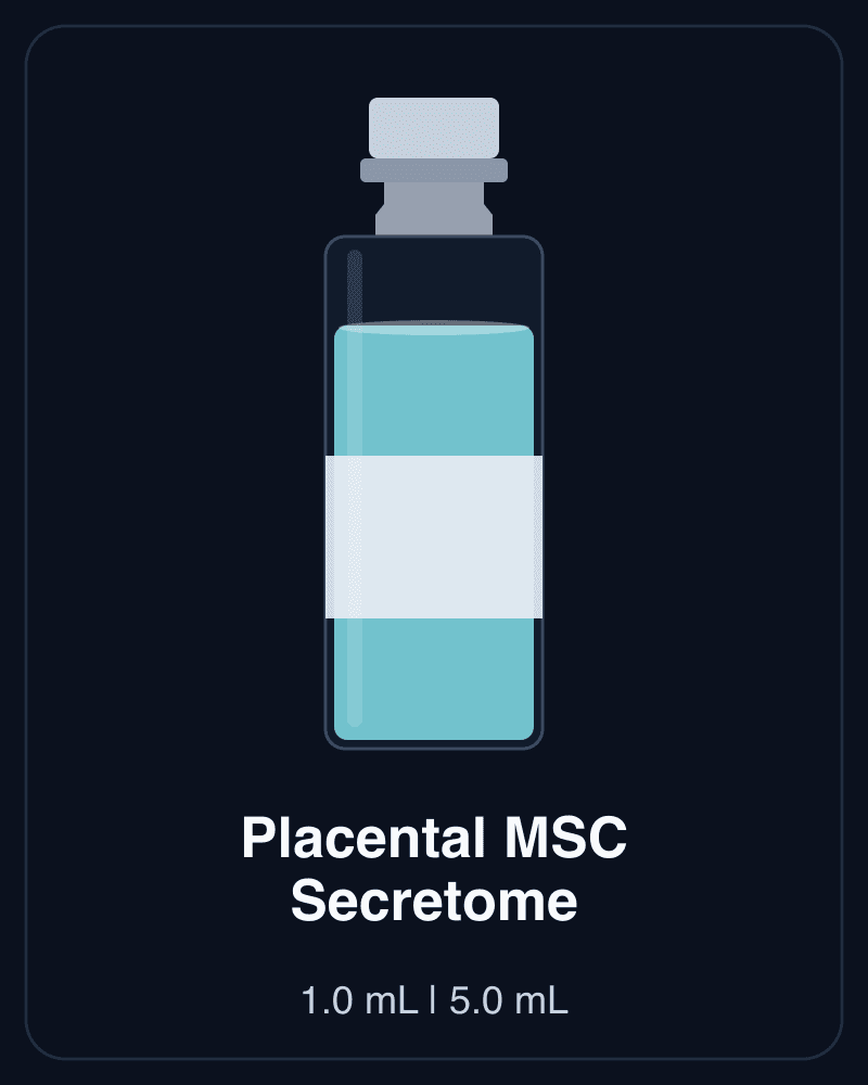 Placental MSC Secretome product tile: unlabeled vial, 1.0 mL and 5.0 mL formats