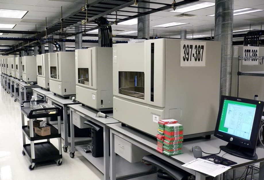 Long row of identical capillary DNA sequencing instruments on steel tables in a genome center, each with a monitor