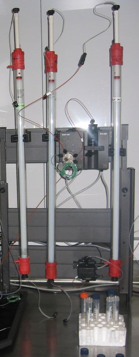 Three tall glass chromatography columns packed with pale resin, mounted upright on a laboratory rack with tubing at the top and bottom, and a rack of collection tubes on the bench below