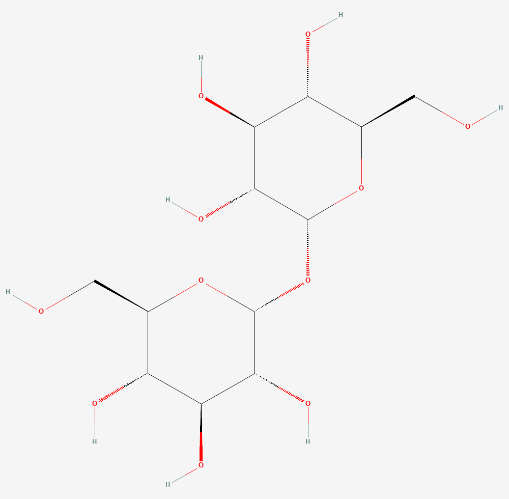 Two-dimensional chemical structure of Trehalose, two glucose rings joined through their anomeric carbons, as depicted by PubChem