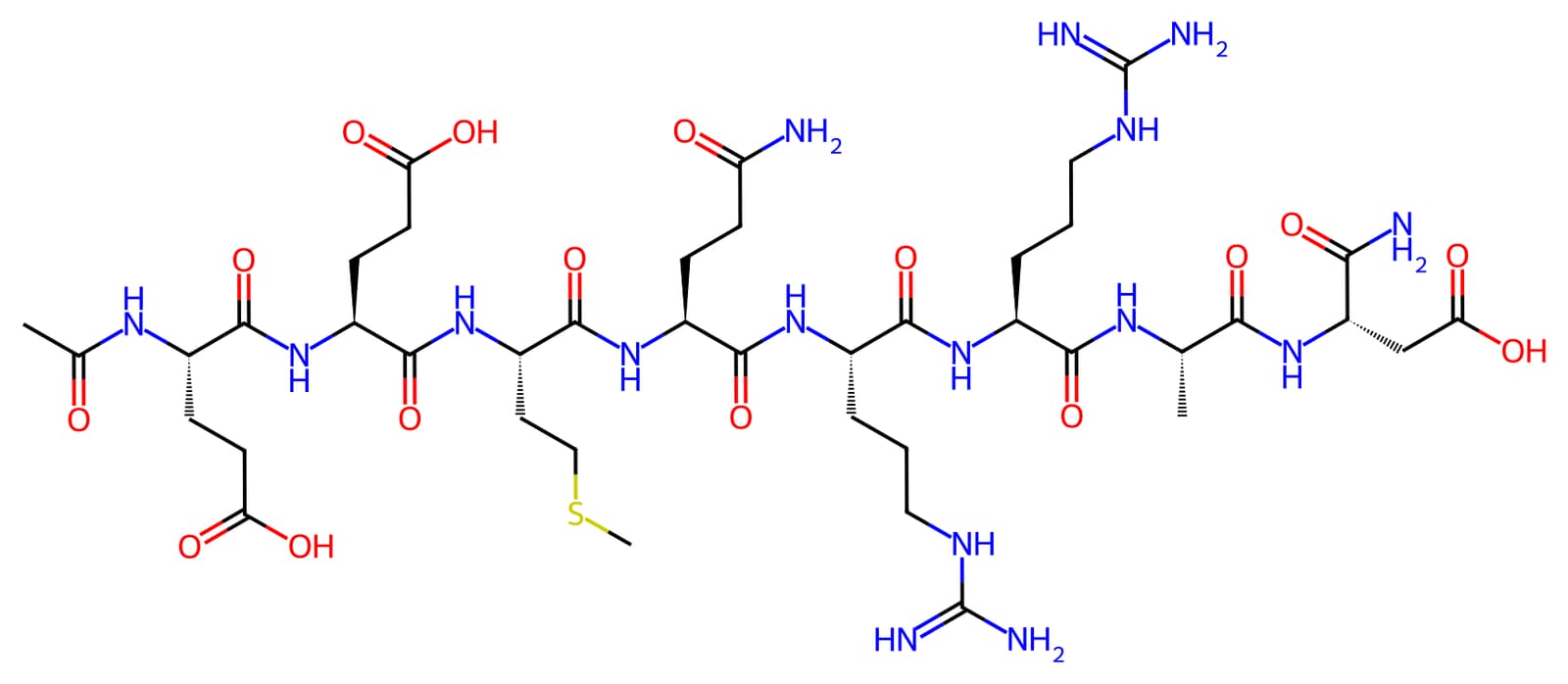 Two-dimensional skeletal structure of acetyl octapeptide-3, an acetylated eight-residue peptide chain with a C-terminal amide